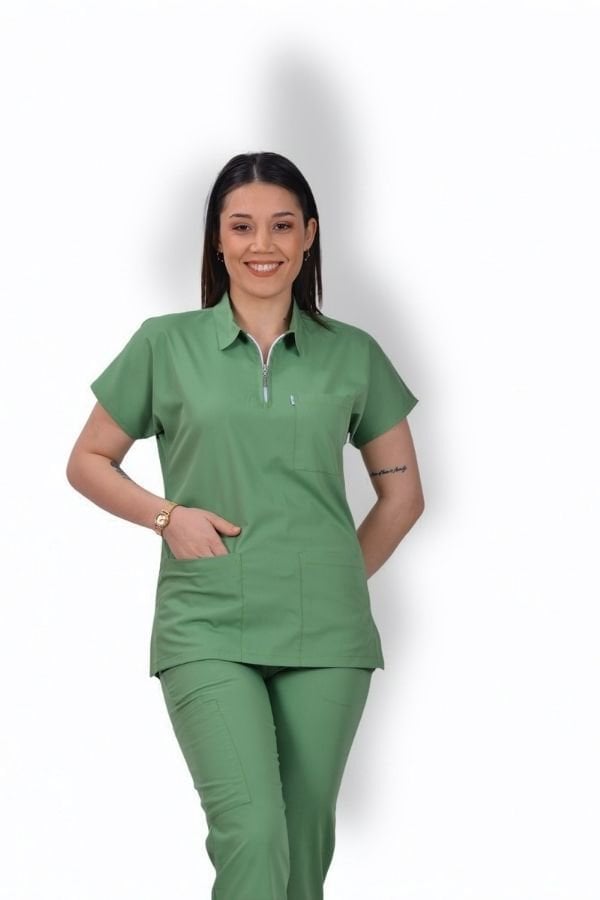Premium Likralı Zipper Seri Kadın Fıstık Yeşili Scrubs