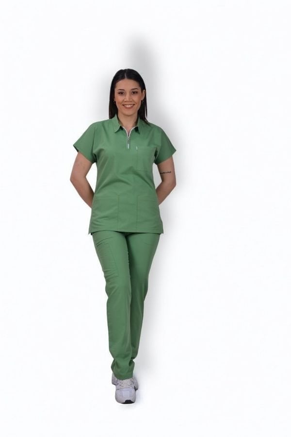 Premium Likralı Zipper Seri Kadın Fıstık Yeşili Scrubs