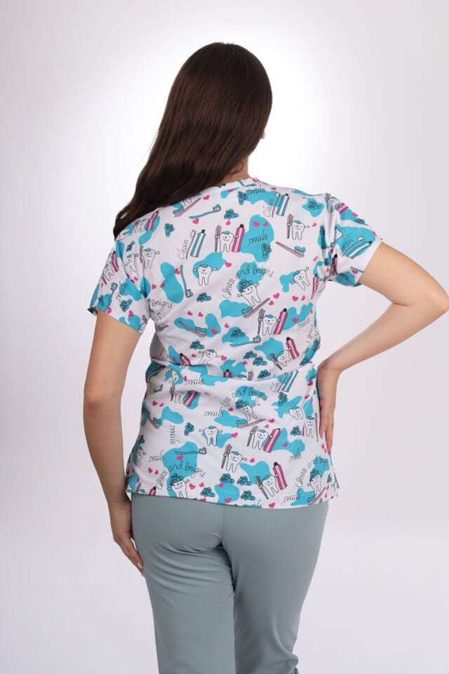 Desenli Seri Beyaz Diş Desen Kadın Tek Üst