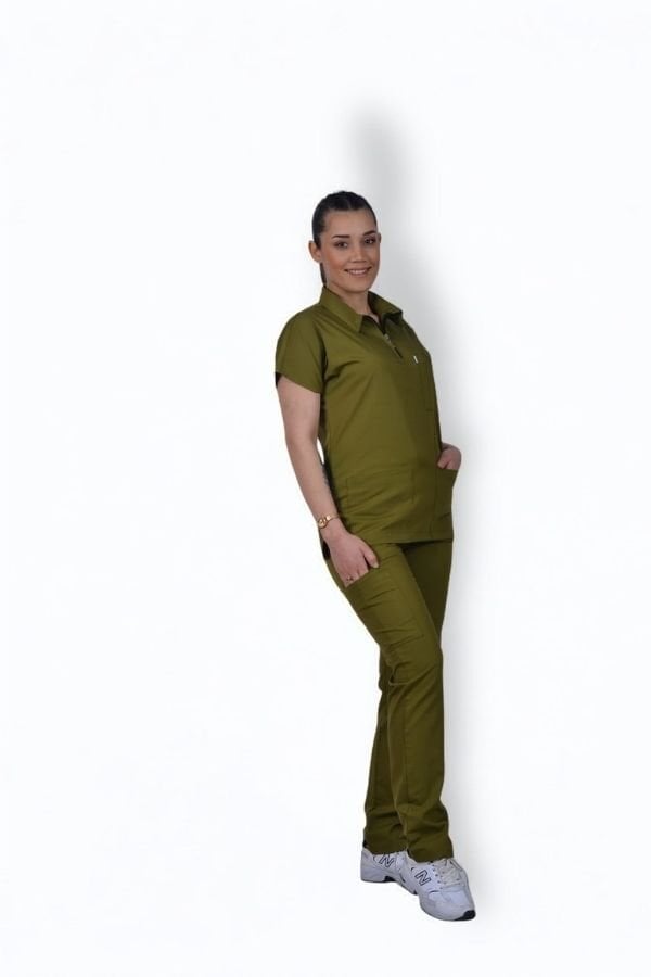 Premium Likralı Zipper Seri Kadın Yağ Yeşili Scrubs