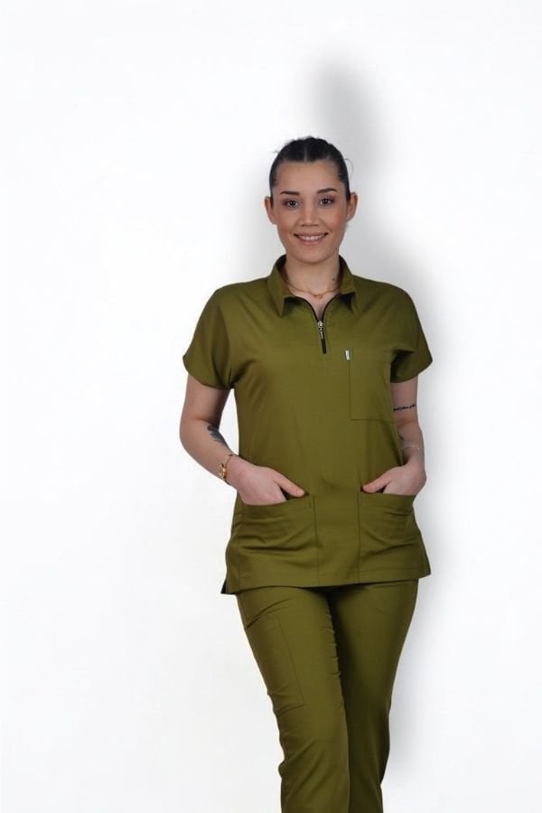 Premium Likralı Zipper Seri Kadın Yağ Yeşili Scrubs