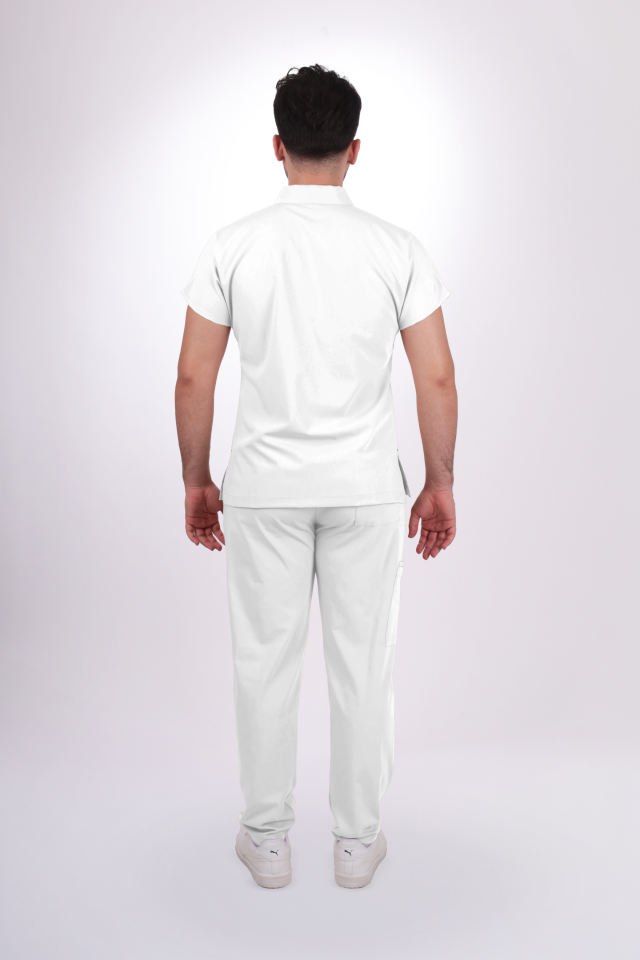 Premium Likralı Zipper Seri Erkek Beyaz Scrubs