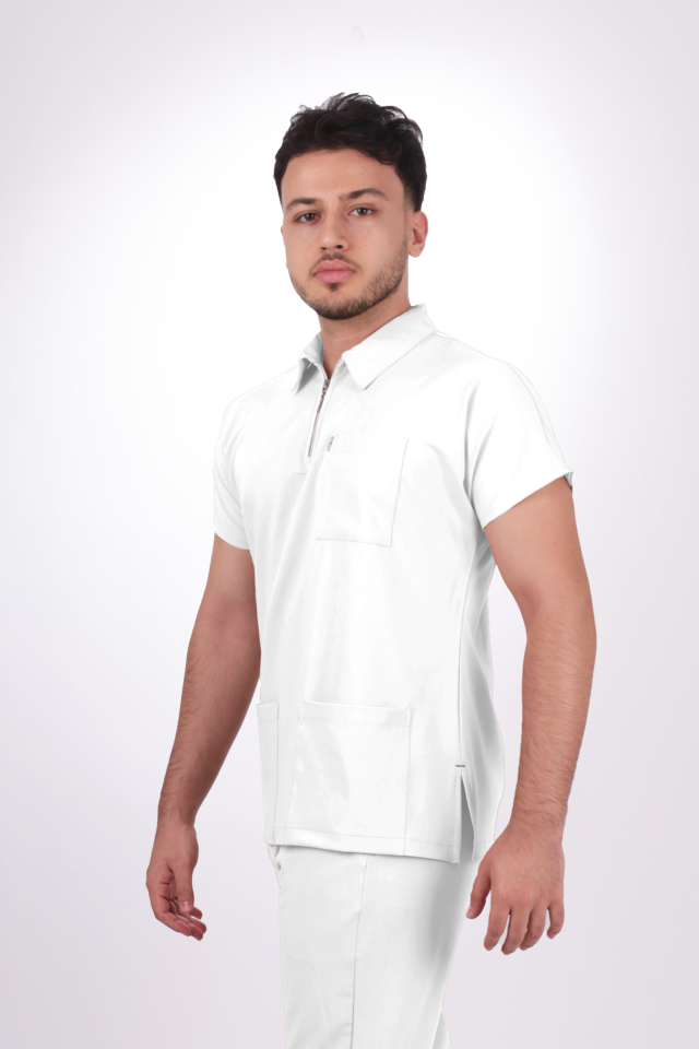 Premium Likralı Zipper Seri Erkek Beyaz Üniforma Takım