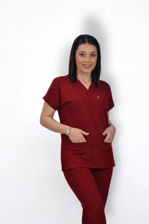 Likralı Klasik Seri Kadın Bordo Scrubs
