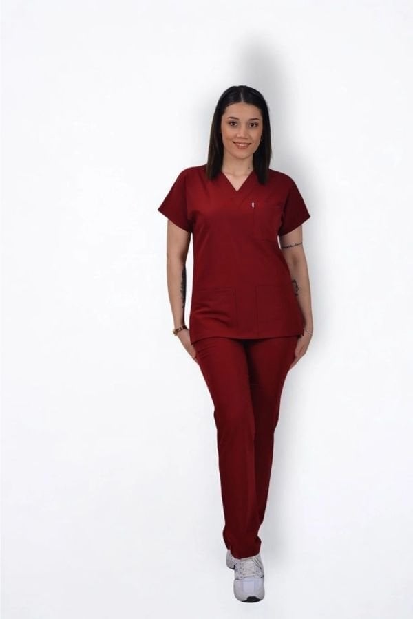 Likralı Klasik Seri Kadın Bordo Scrubs