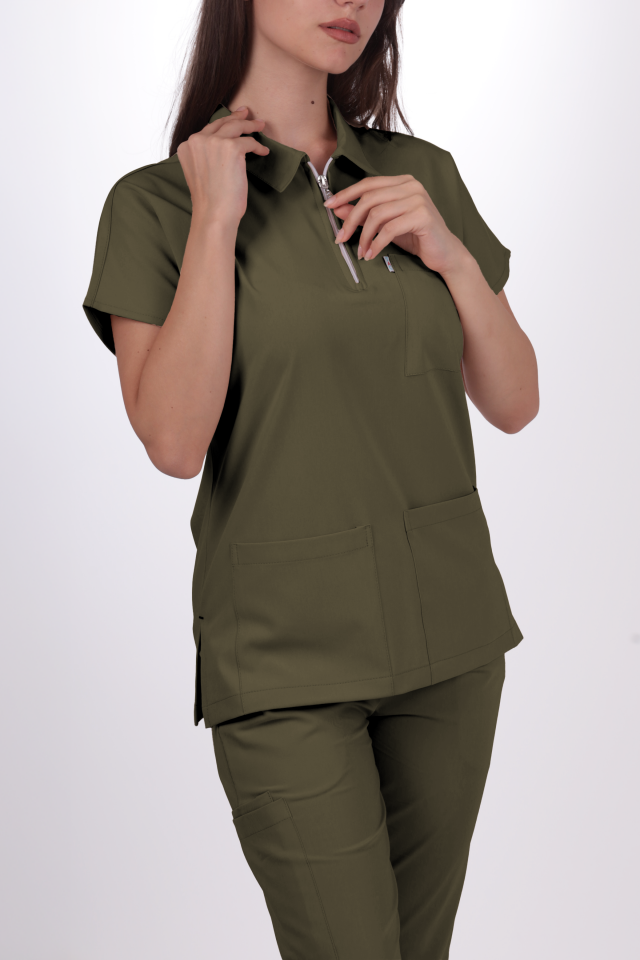 Likralı Zipper Seri Kadın Haki Scrubs