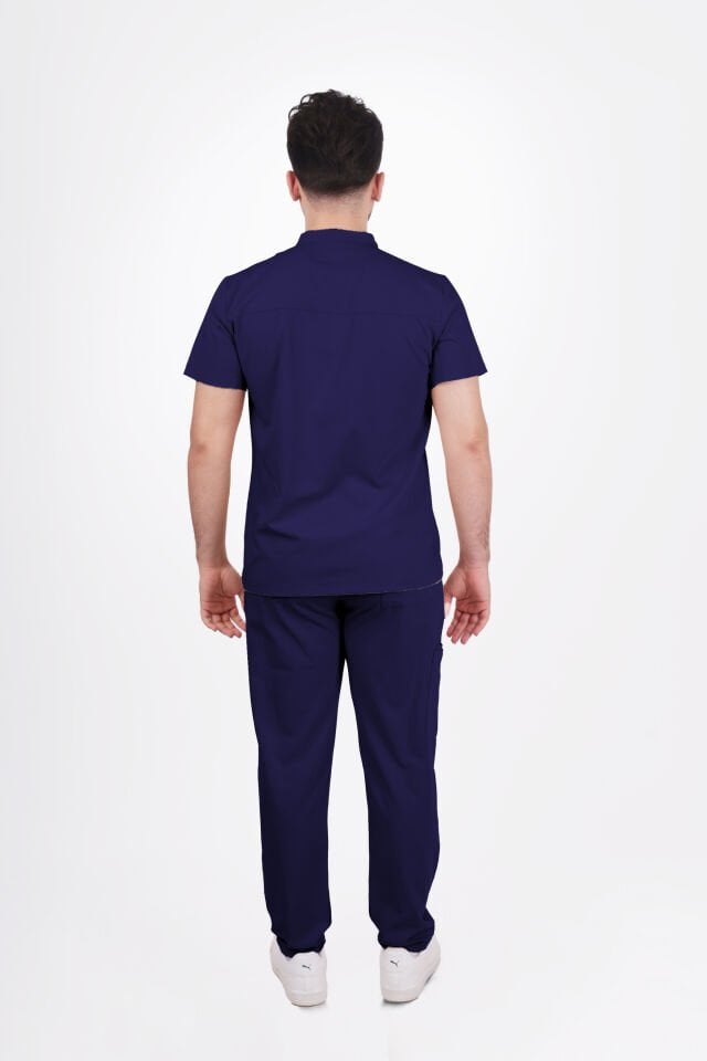 Premium Likralı Boydan Çıtçıt Seri Erkek İndigo Lacivert Scrubs