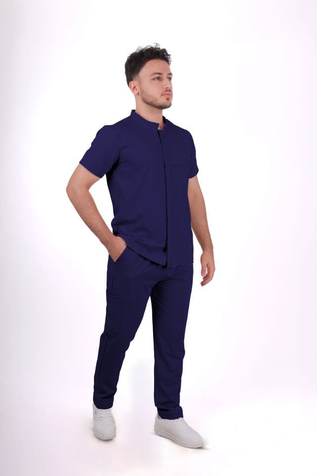 Premium Likralı Boydan Çıtçıt Seri Erkek İndigo Lacivert Scrubs
