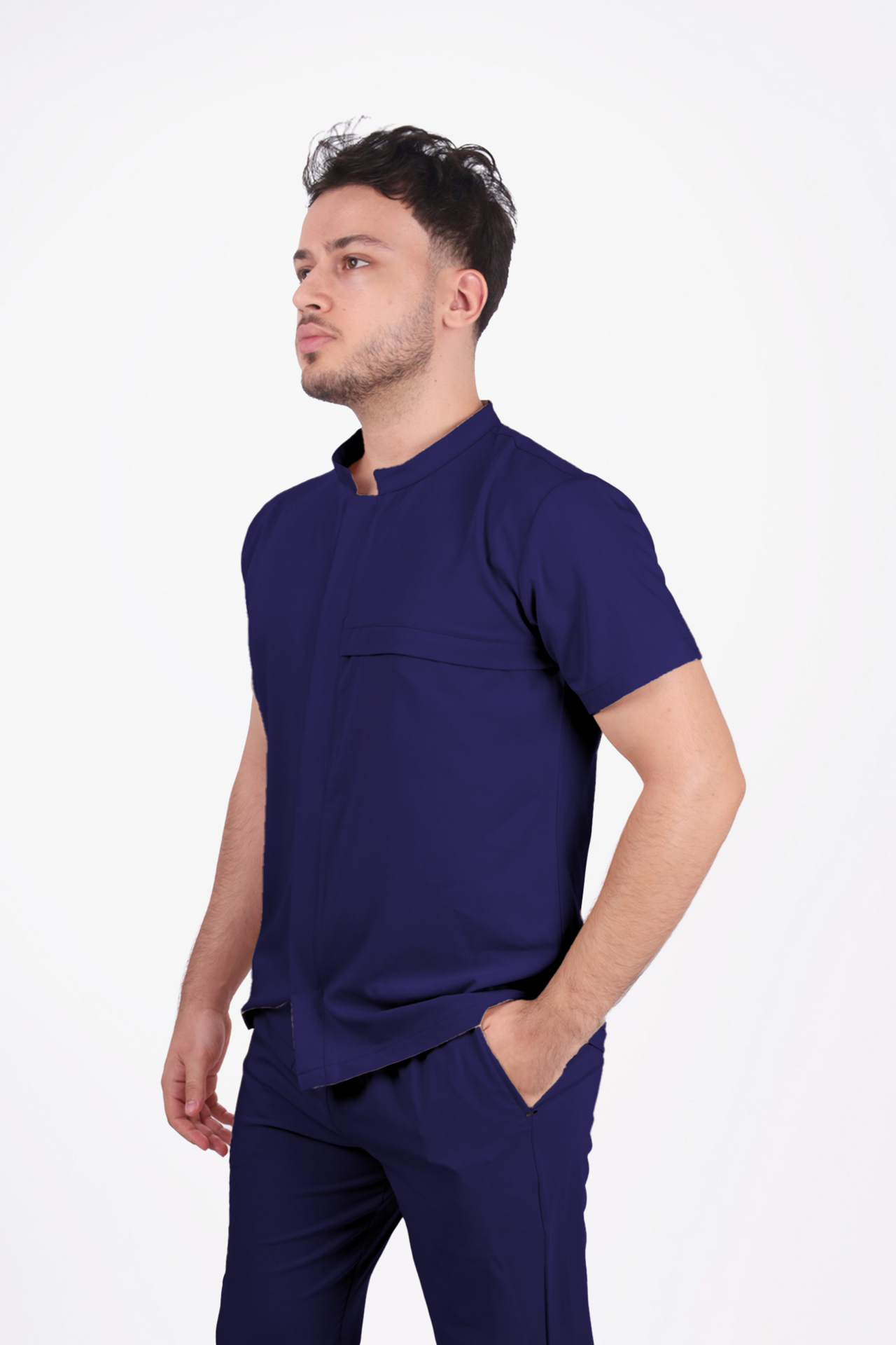 Premium Likralı Boydan Çıtçıt Seri Erkek İndigo Lacivert Scrubs