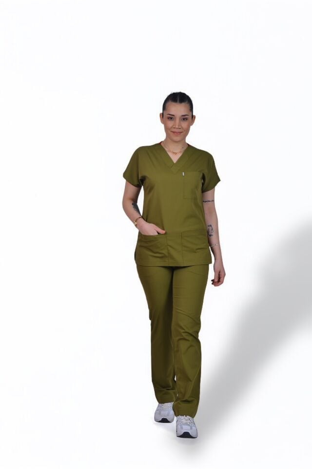 Premium Likralı Klasik Seri Kadın Yağ Yeşili Scrubs