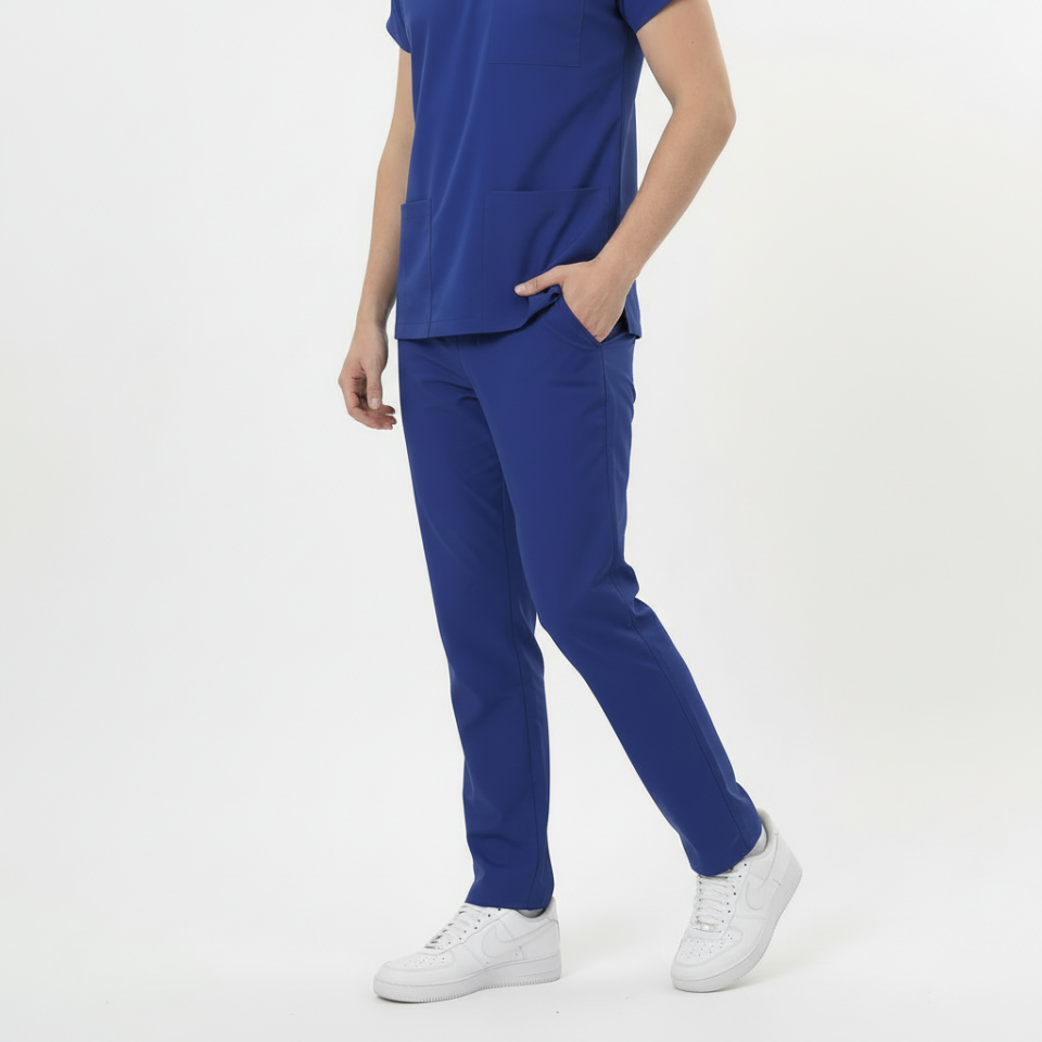 Likralı Klasik Seri Erkek Saks Mavisi Scrubs