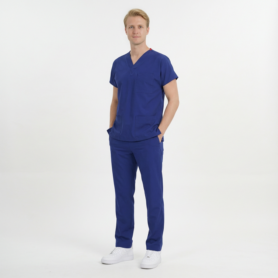 Likralı Klasik Seri Erkek Saks Mavisi Scrubs