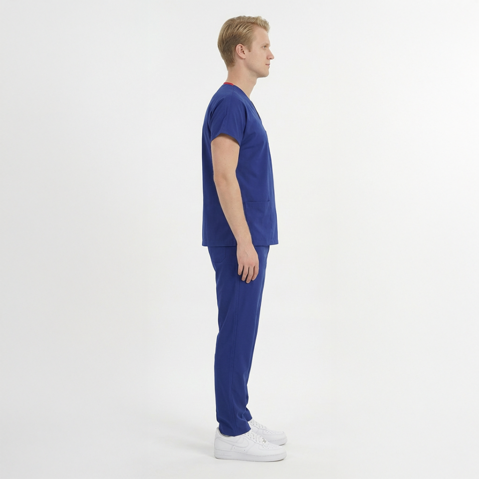 Likralı Klasik Seri Erkek Saks Mavisi Scrubs