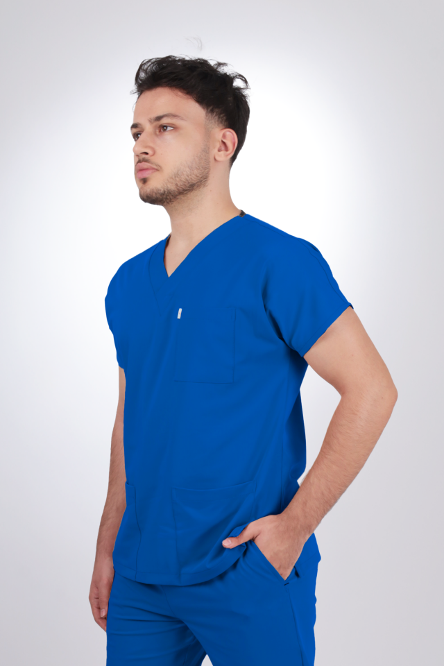 Likralı Klasik Seri Erkek Saks Mavisi Scrubs