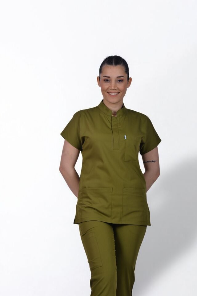 Premium Likralı Snap Seri Kadın Yağ Yeşili Scrubs