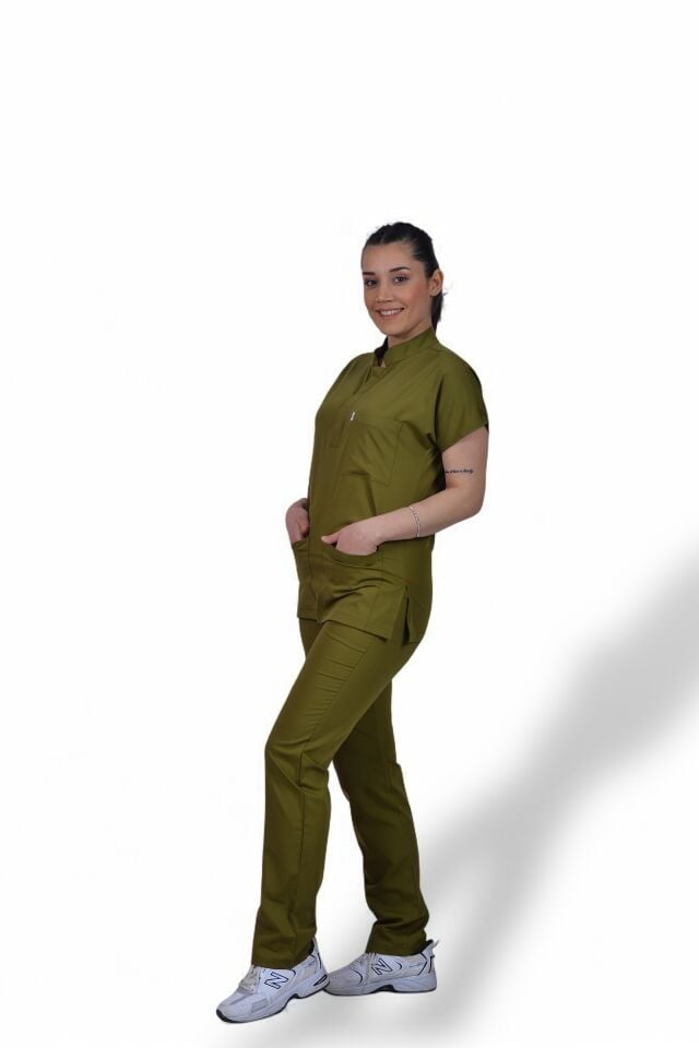 Premium Likralı Snap Seri Kadın Yağ Yeşili Scrubs