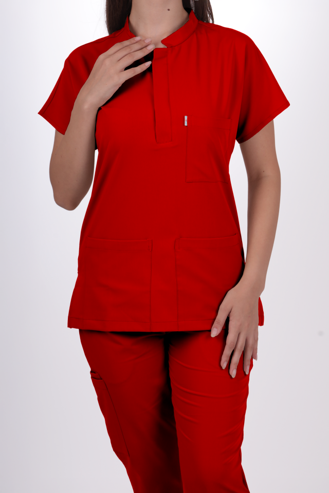 Premium Likralı Snap Seri Kadın Kırmızı Scrubs