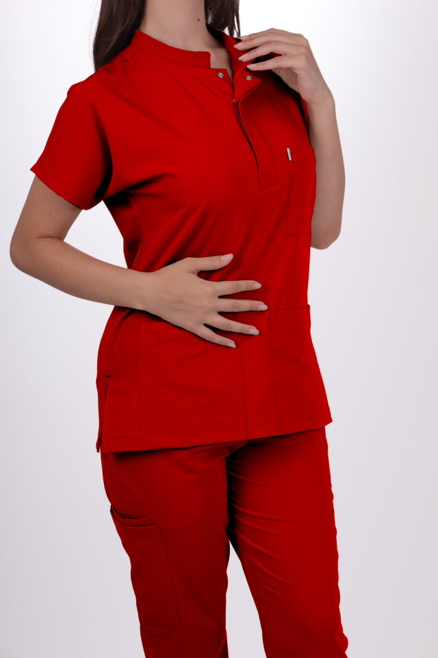 Premium Likralı Snap Seri Kadın Kırmızı Scrubs