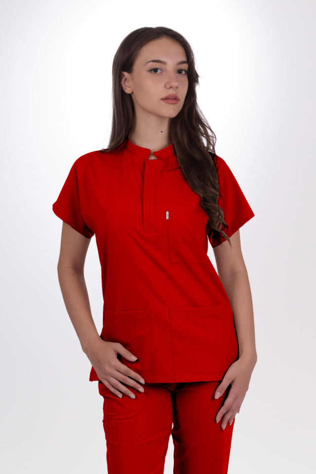 Premium Likralı Snap Seri Kadın Kırmızı Üniforma Takım