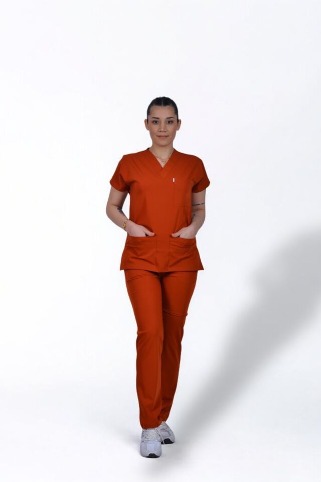 Premium Likralı Klasik Seri Kadın Kiremit Scrubs