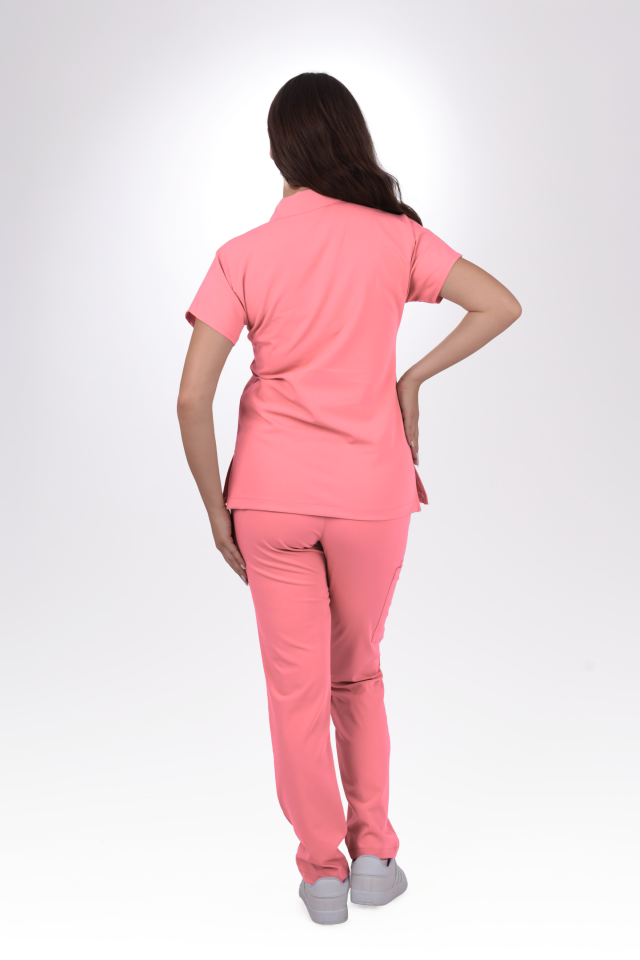 Likralı Zipper Seri Kadın Mercan Pembesi Scrubs