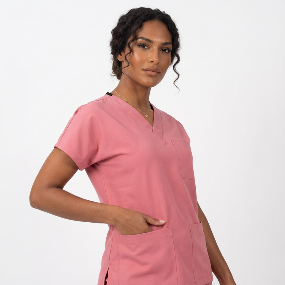 Likralı Klasik Seri Kadın Mercan Pembesi Scrubs