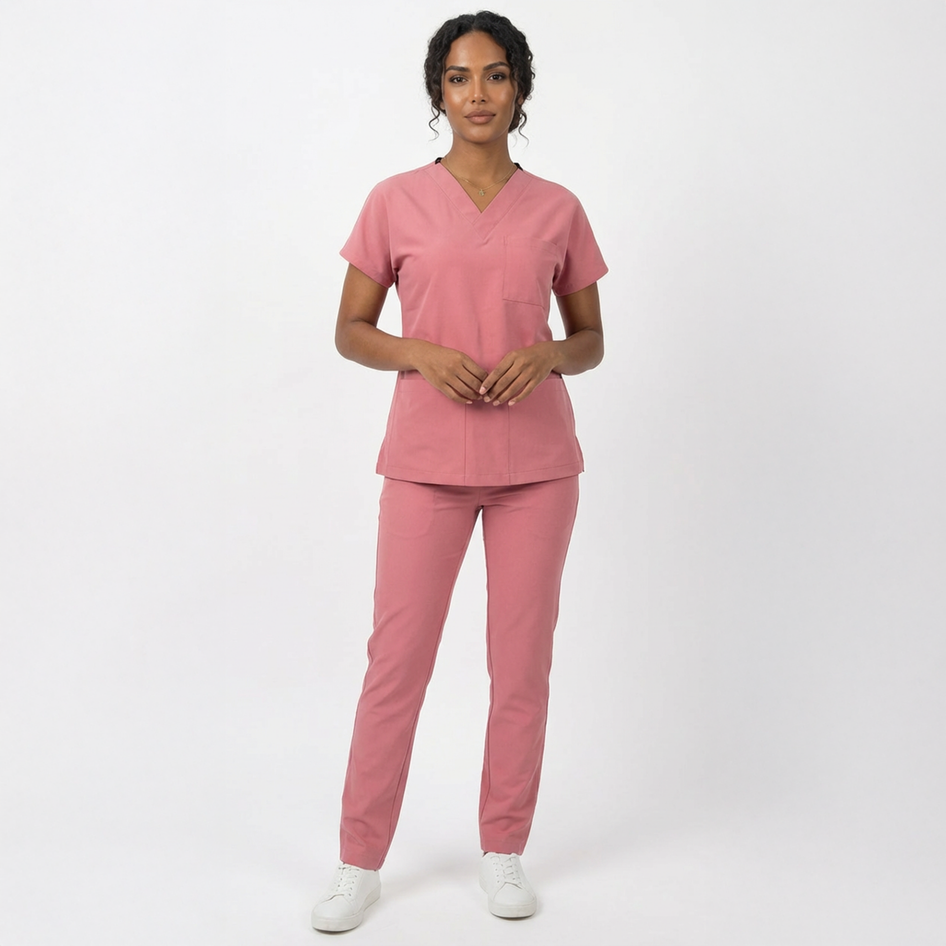 Likralı Klasik Seri Kadın Mercan Pembesi Scrubs