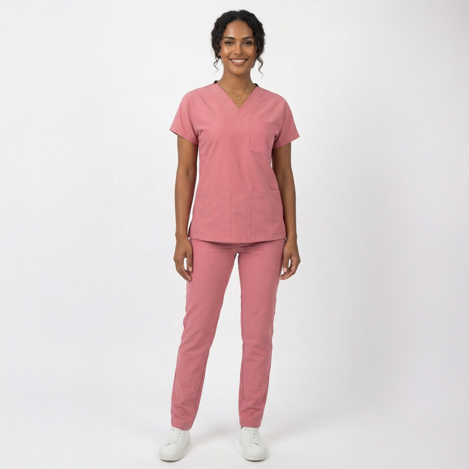 Likralı Klasik Seri Kadın Mercan Pembesi Scrubs