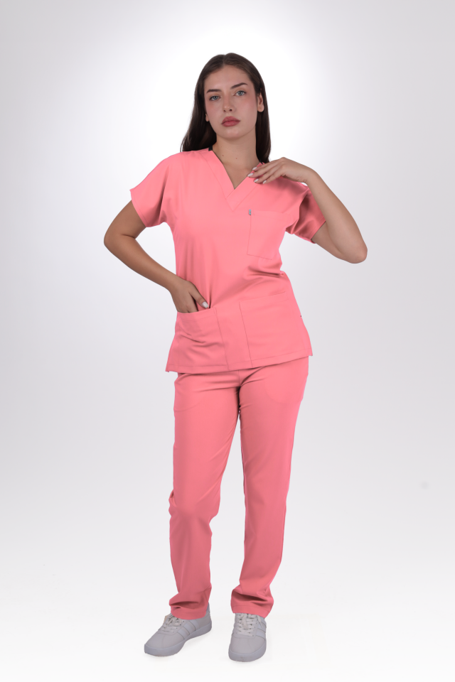 Likralı Klasik Seri Kadın Mercan Pembesi Scrubs