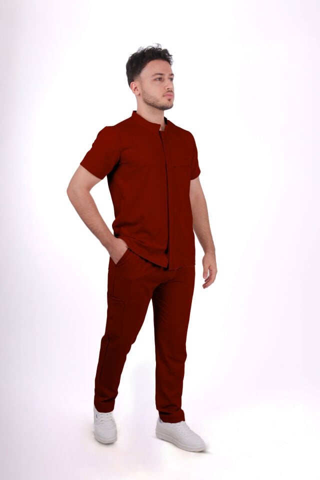 Premium Likralı Boydan Çıtçıt Seri Erkek Bordo Scrubs