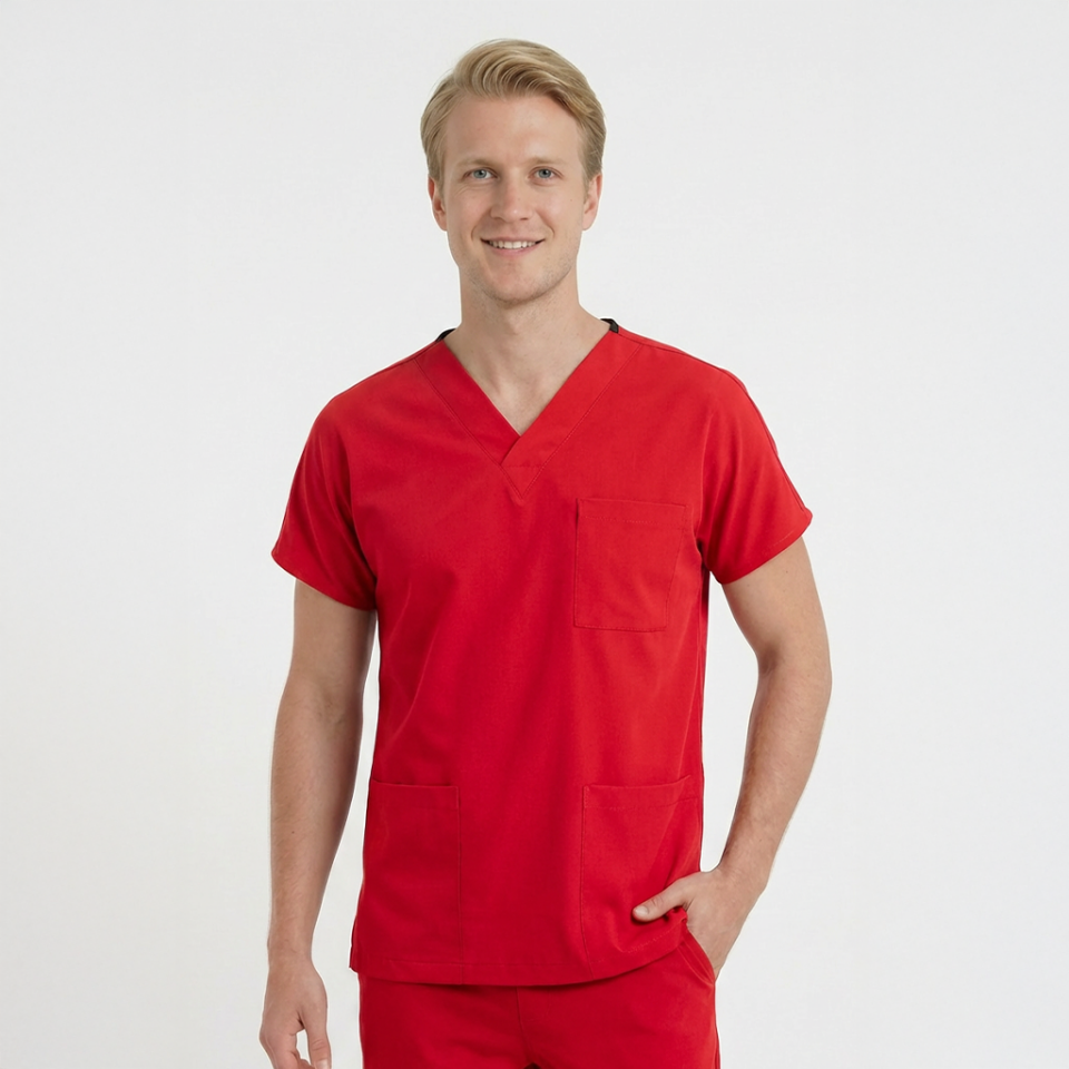 Likralı Klasik Seri Erkek Kırmızı Scrubs