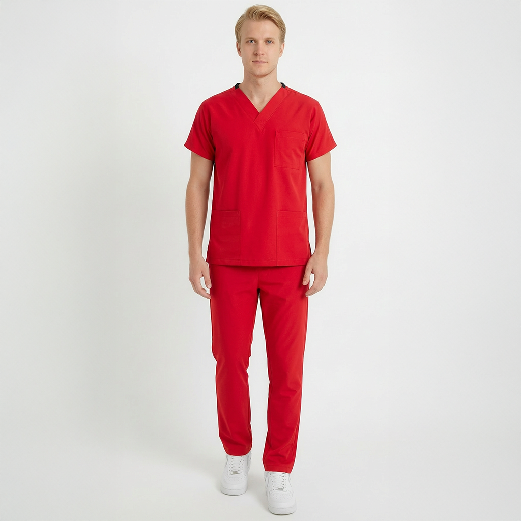 Likralı Klasik Seri Erkek Kırmızı Scrubs