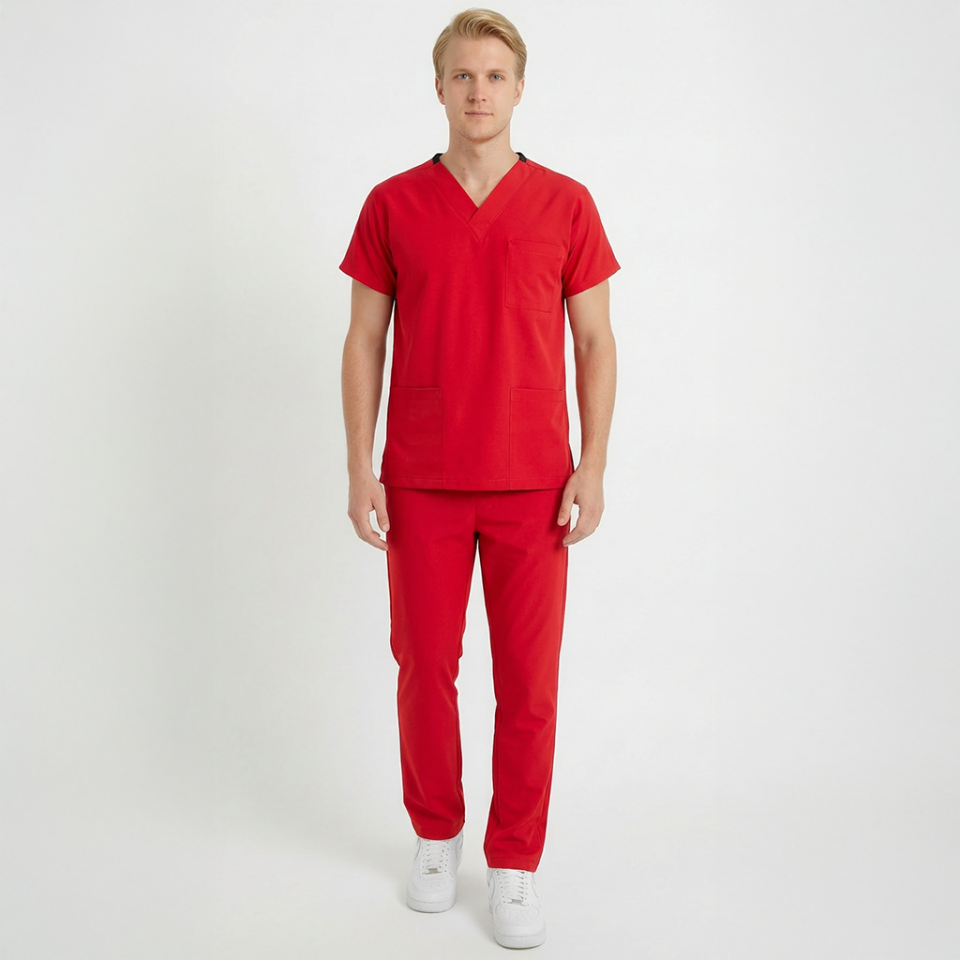 Likralı Klasik Seri Erkek Kırmızı Scrubs