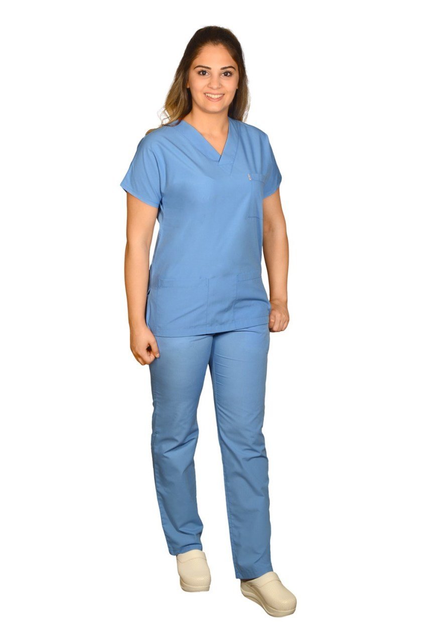 Terycoton Kadın Açık Mavi Doktor Hemşire Forması XXL - Evet - İsim Yazılsın +100₺ - TEK ÜST