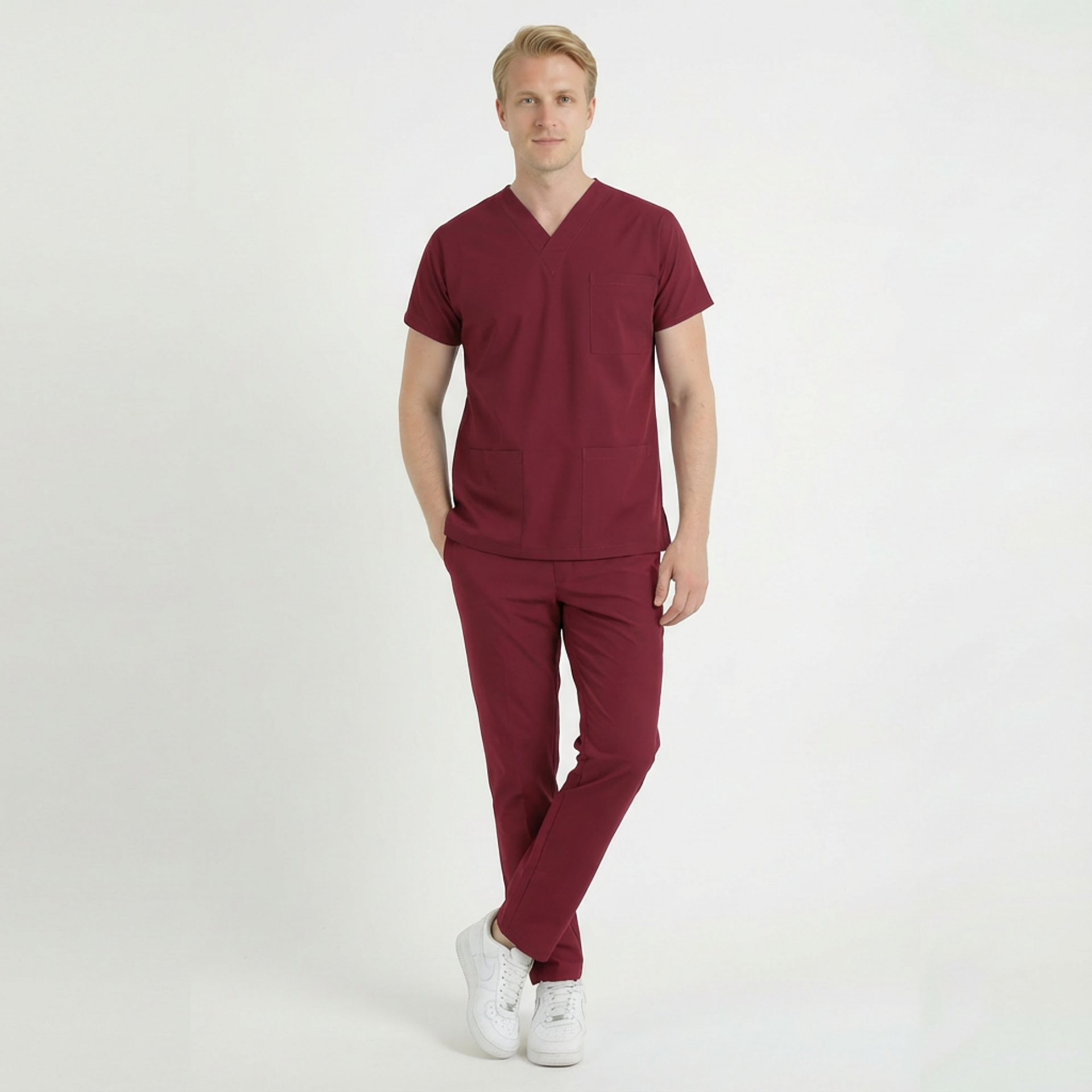 Terycoton Kumaş Klasik Seri Erkek Bordo Scrubs