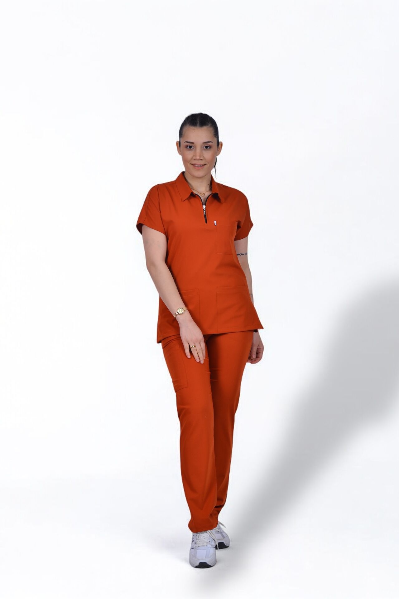 Premium Likralı Zipper Seri Kadın Kiremit Scrubs