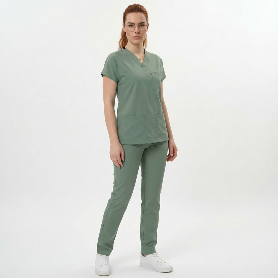 Likralı Klasik Seri Kadın Küf Yeşili Scrubs