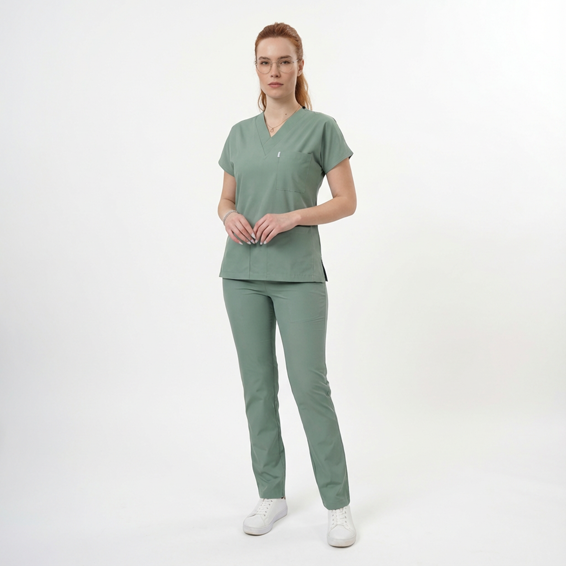 Likralı Klasik Seri Kadın Küf Yeşili Scrubs
