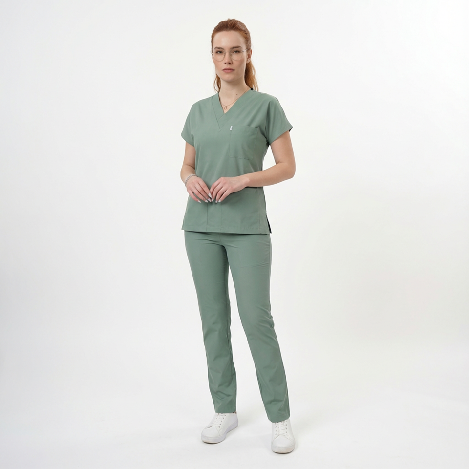 Likralı Klasik Seri Kadın Küf Yeşili Scrubs