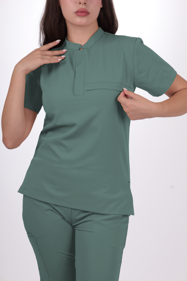 Premium Likralı Lotus Seri Kadın Küf Yeşili Scrubs