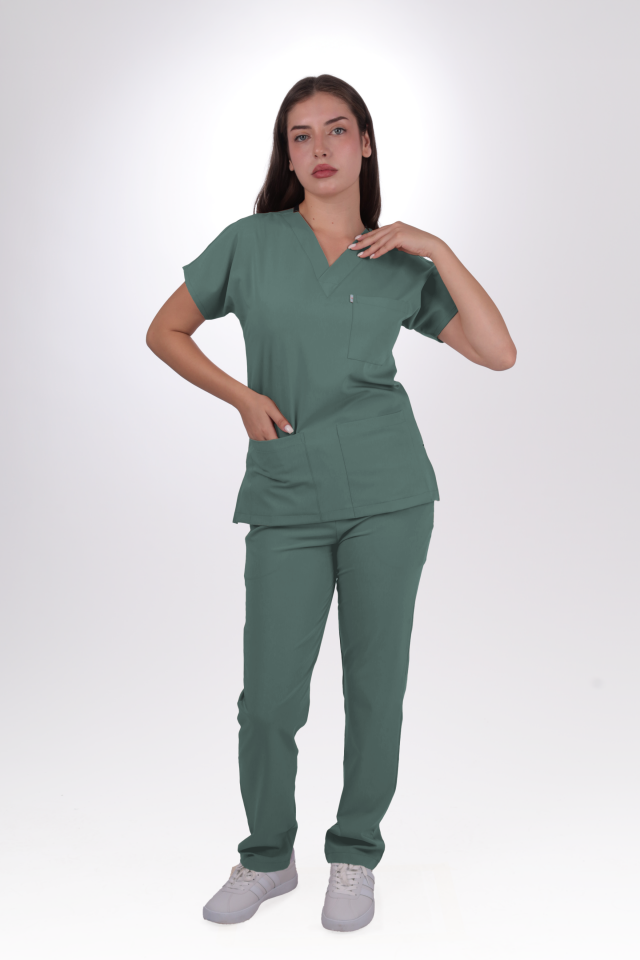 Likralı Klasik Seri Kadın Küf Yeşili Scrubs