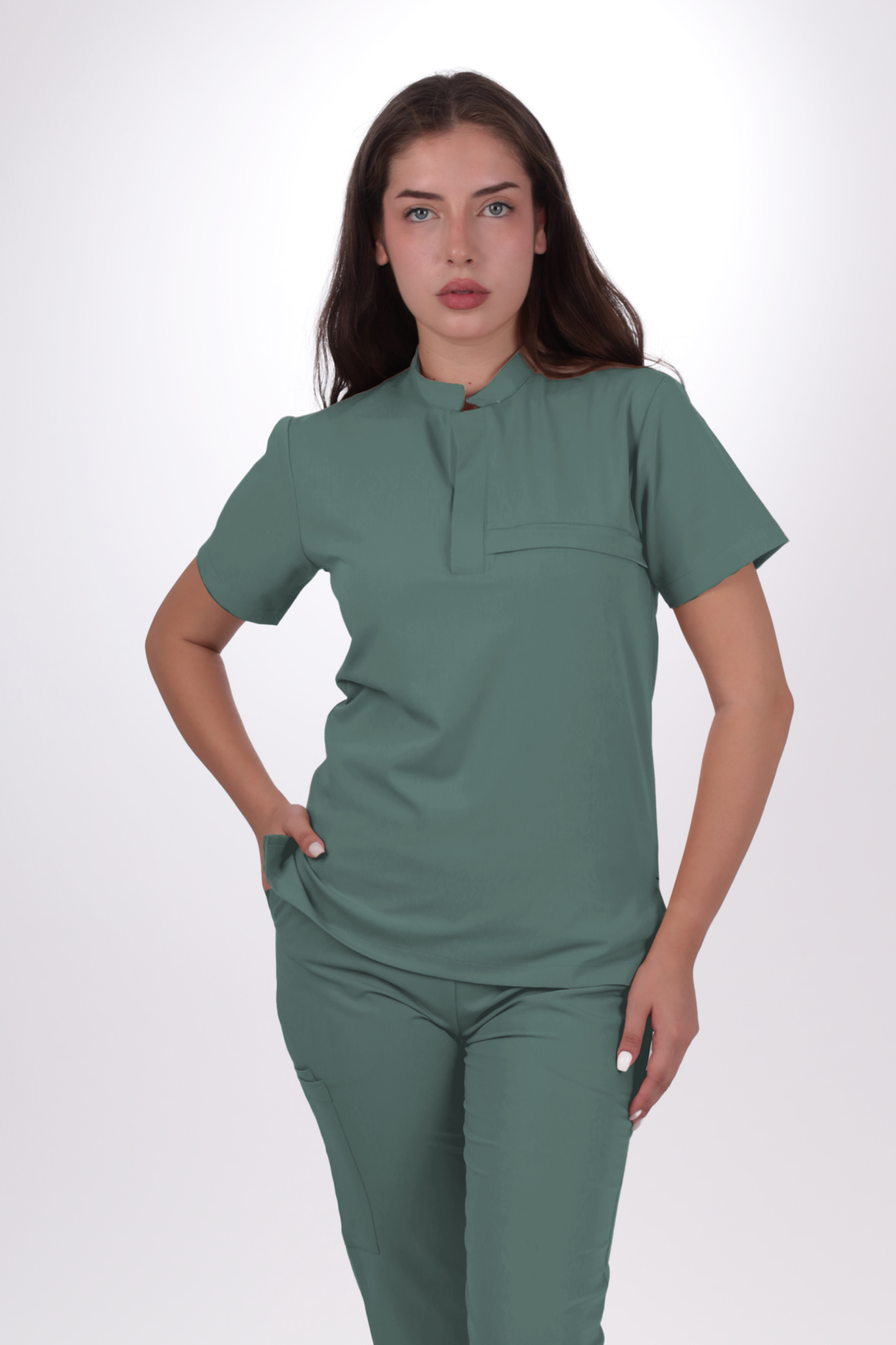 Premium Likralı Lotus Seri Kadın Küf Yeşili Scrubs