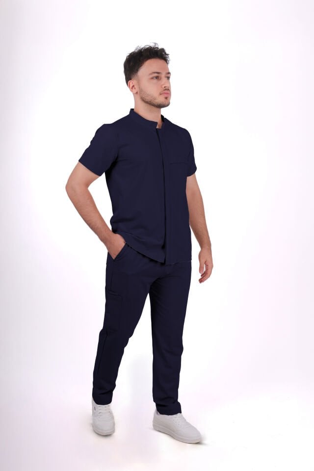 Premium Likralı Boydan Çıtçıt Seri Erkek Lacivert Scrubs