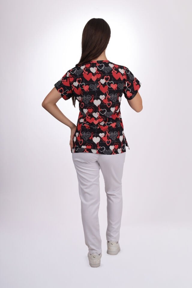 Desenli Seri Kırmızı Kalpli Desen Kadın Tek Üst