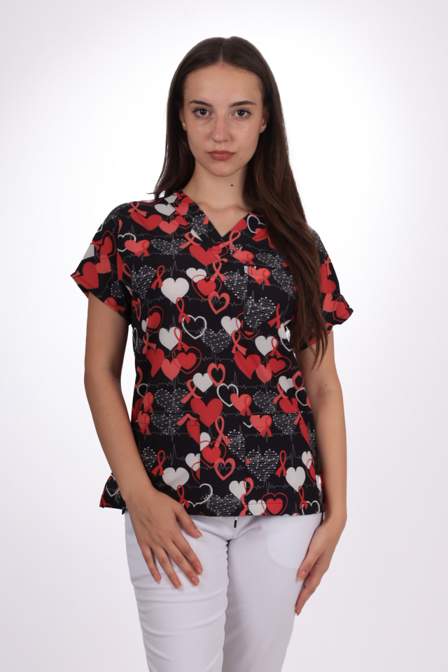 Desenli Seri Kırmızı Kalpli Desen Kadın Tek Üst