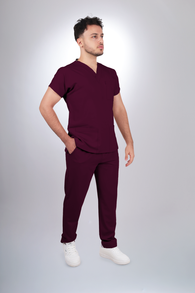 Premium Likralı Klasik Seri Erkek Mürdüm Scrubs