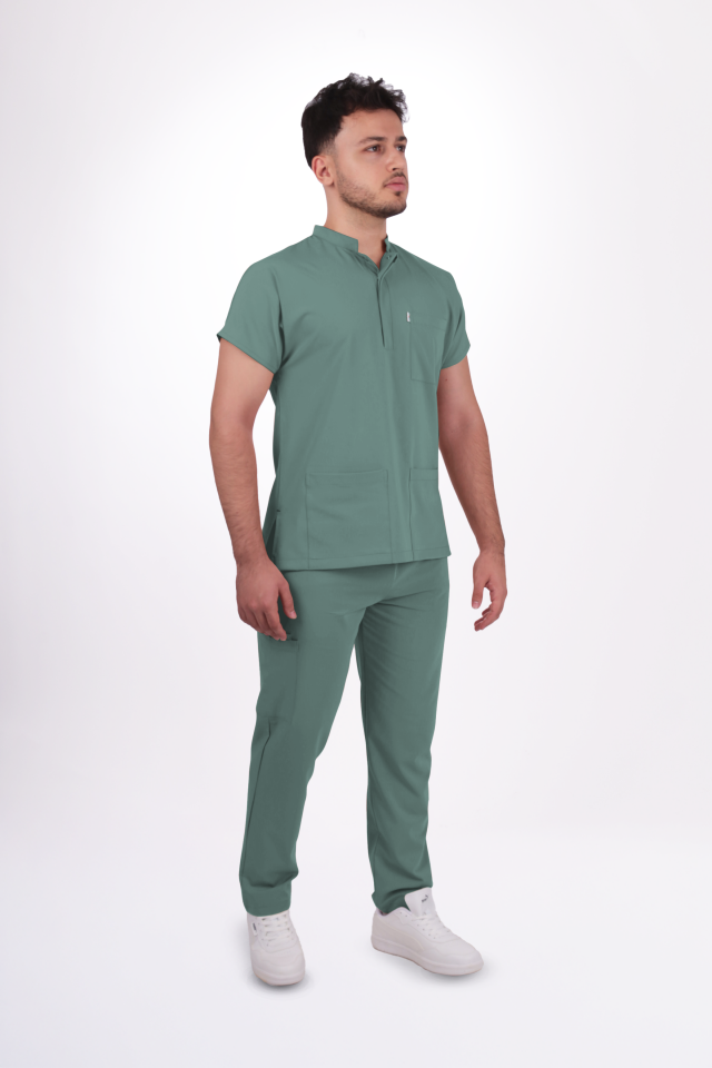 Premium Likralı Snap Seri Erkek Küf Yeşili Scrubs