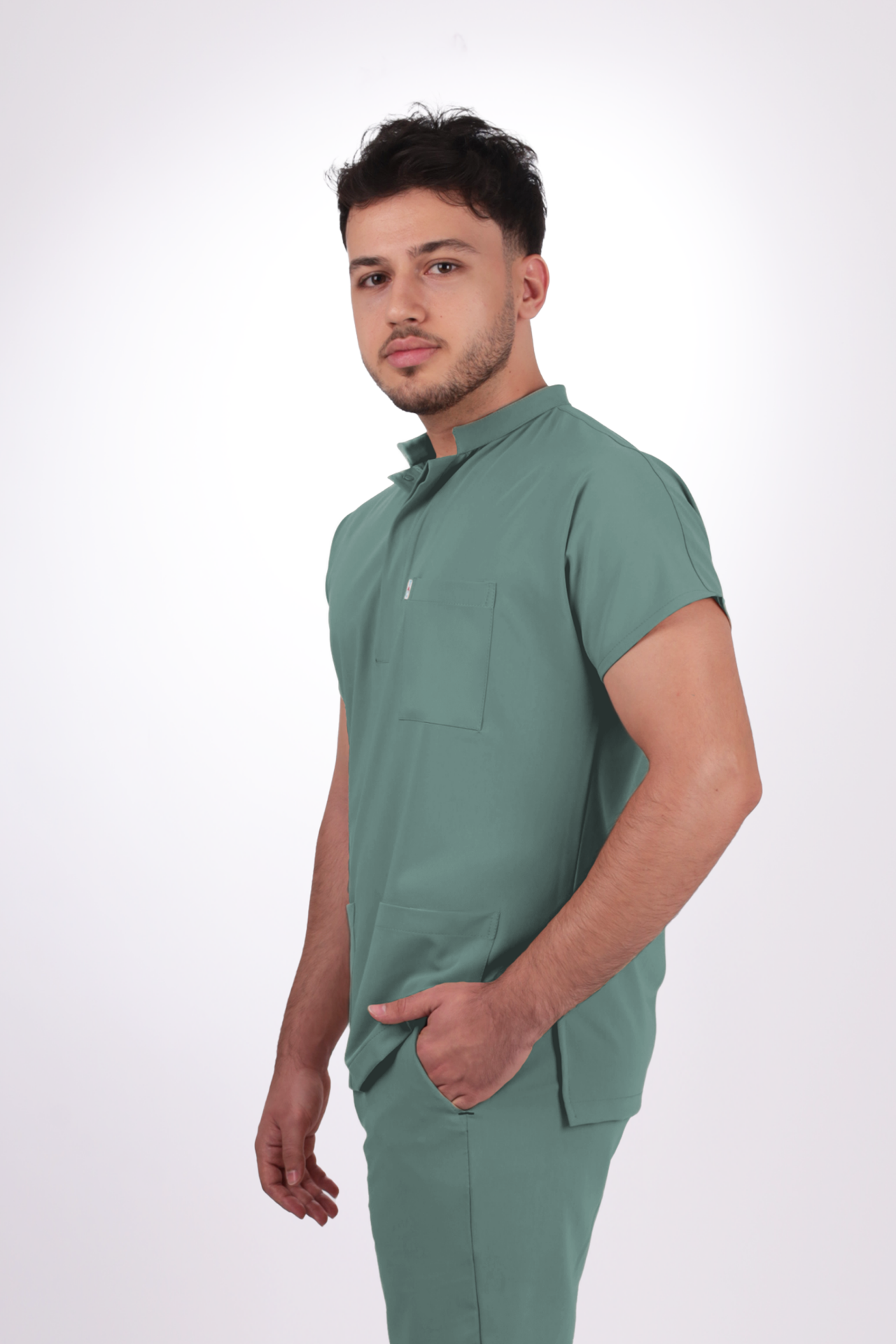 Premium Likralı Snap Seri Erkek Küf Yeşili Scrubs