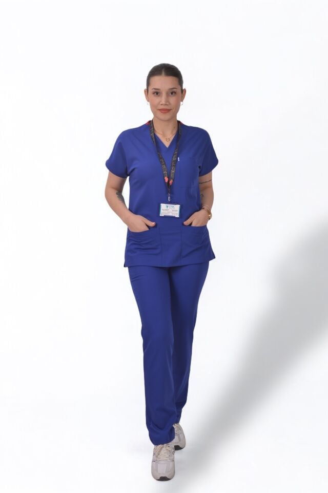Likralı Klasik Seri Kadın Saks Mavisi Scrubs