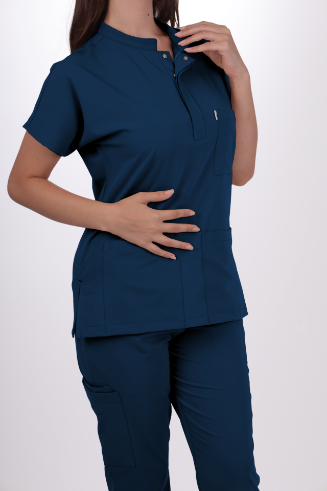 Premium Likralı Snap Seri Kadın Marine Petrol Scrubs